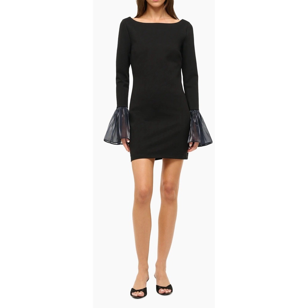 Staud Hawthorne Chiffon Bell-Sleeve Minidress In Black Navy, Size L